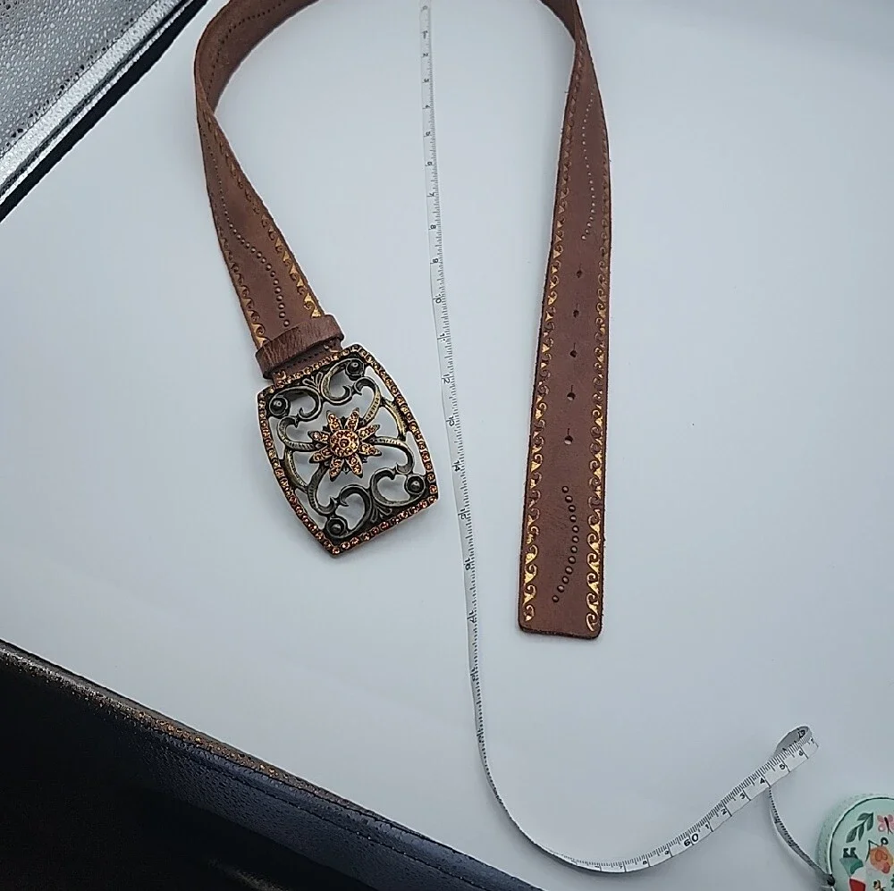 Vintage Brown Leather Western Belt with Ornate Gold-Tone Buckle